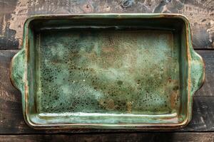 Ceramic baking dish on rustic wooden table, ready for preparing a delicious meal photo