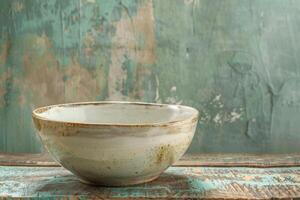 A rustic ceramic bowl rests on a weathered wooden surface against a distressed turquoise backdrop photo