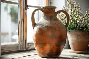 Rustic clay jug displayed near a window with potted plants in a cozy indoor setting photo