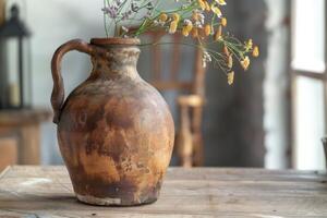 Rustic clay jug with flowers captured during a sunny afternoon in a cozy home interior photo