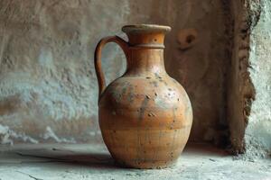 Ancient clay jug resting on a stone surface in a rustic interior setting photo