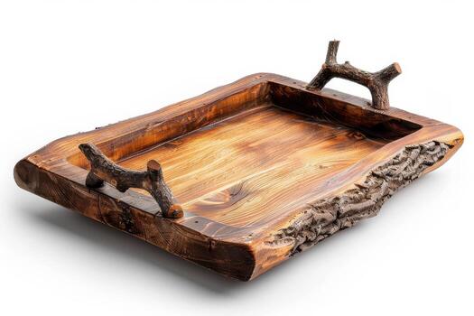 hecho a mano de madera servicio bandeja con natural rústico diseño y rama manejas foto