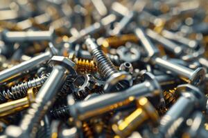 A close-up view of assorted screws and bolts scattered on a workshop table during daytime photo