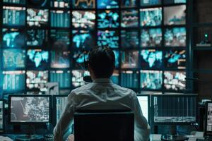 Analyst monitoring global data trends in a high-tech control room during late evening hours photo