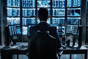 Professional analyst working late at night in a high-tech trading room with multiple screens photo