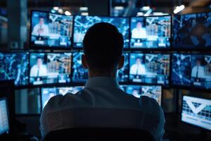 Monitoring security systems in a control room with multiple screens in a modern facility photo