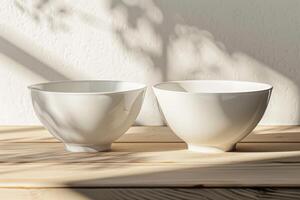 Two simple white bowls resting on a wooden surface with soft shadows in natural light photo