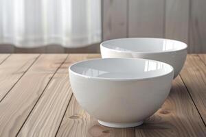 Simple white bowls placed on a wooden table under natural light in a cozy indoor setting photo