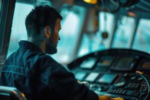 Focused maritime worker navigates high-tech vessel controls during a challenging weather condition photo