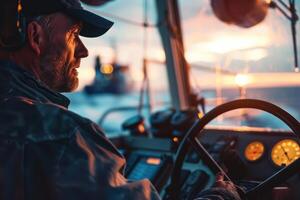 A skilled captain navigating a boat at sunset near the coastline during a calm evening photo