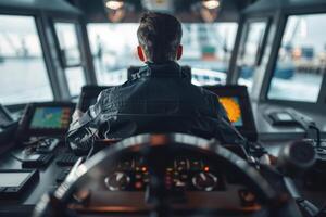 Maritime pilot navigates through harbor waters during early morning from a high-tech bridge photo