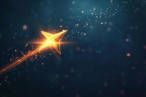 A bright golden shooting star streaks across a dark cosmic background filled with sparkles photo