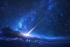 A brilliant meteor streaking across a starry sky above serene clouds at night photo