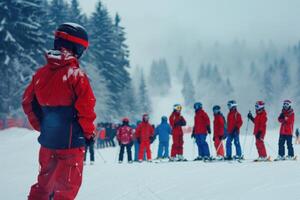 Ski instructors guide a group of skiers in a snowy mountain landscape during winter training photo
