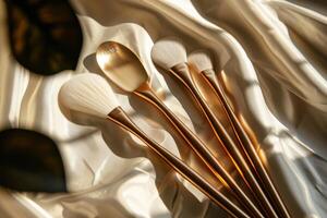 Makeup brushes beautifully arranged on soft fabric with gentle sunlight illuminating them photo