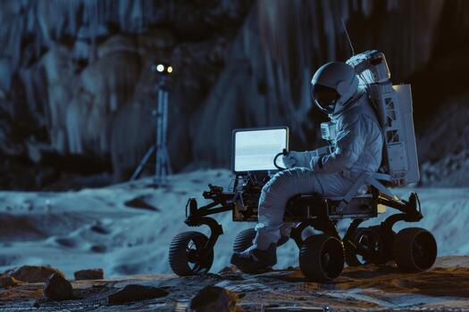 Astronaut operating a lunar rover in a simulated moon environment at night photo