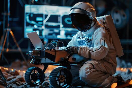 Astronaut working on a lunar rover in a simulated space environment at a research facility photo