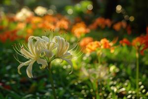 White flower in a vibrant garden with orange blooms during a sunny afternoon photo