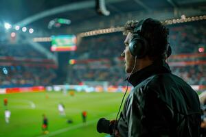 Man wearing headphones captures the excitement of a live soccer match at a stadium photo