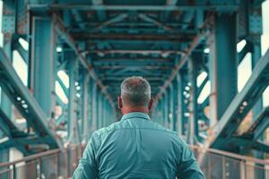 A man walks through a retro steel bridge during daylight in an urban environment photo