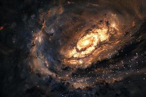 Stunning spiral galaxy illuminated by vibrant cosmic gases and stars in deep space photo