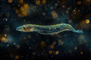 A shimmering eel glides through a mystical underwater realm of glowing particles photo
