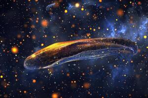 A glowing cosmic object travels through a vibrant galaxy filled with stars and celestial dust photo