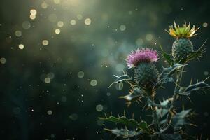Thistle blossoms illuminated by soft light in a tranquil garden at dusk during late summer photo