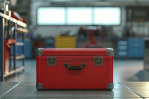 Bright red toolbox placed prominently in a well-lit workshop filled with tools and equipment photo