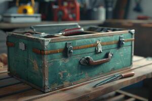 Vintage toolbox resting on a workbench with various tools and equipment in a workshop setting photo
