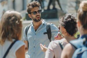 Young man engages in animated discussion with friends outdoors during a sunny day in the city photo