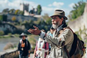 An older man guides a small group through a historic village near a river on a sunny day photo