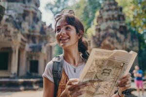 Young traveler exploring ancient temple ruins with a map in hand during a sunny day photo