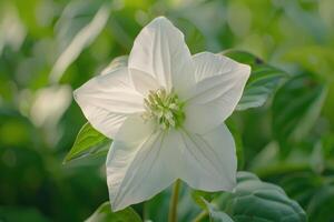 Delicate white flower blooming in a vibrant green garden under soft sunlight photo