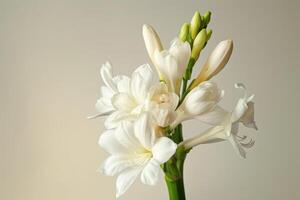 Delicate white flowers bloom against a soft background in a serene indoor setting photo