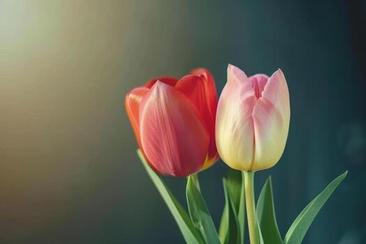 hermosa rojo y rosado tulipanes floreciente juntos en un suavemente iluminado interior ajuste foto