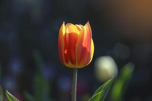 Vibrant red and yellow tulip blooms in a garden during bright daylight in springtime photo