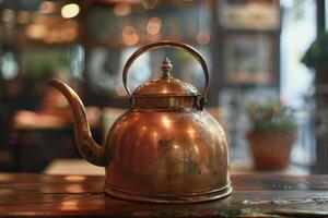 Vintage brass kettle resting on a rustic wooden table in a cozy cafe environment during daytime photo