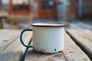 Rustic white enamel cup resting on weathered wooden table in a cozy outdoor setting during daytime photo
