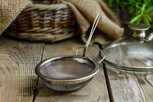 Stainless steel strainer on rustic wooden table with blurred kitchenware in the background photo