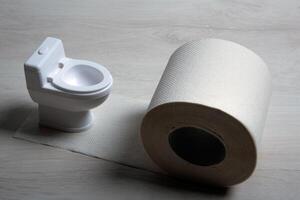 toilet bowl miniature with toilet paper roll on the table photo