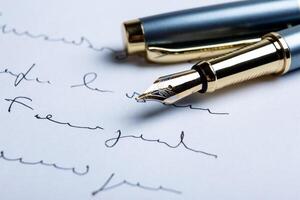 fountain pen on paper with ink text on the paper photo
