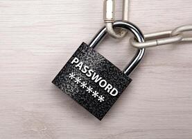 padlock with network password with a steel chain closeup top view photo