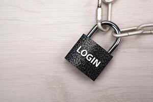 padlock with network login with a steel chain closeup top view photo