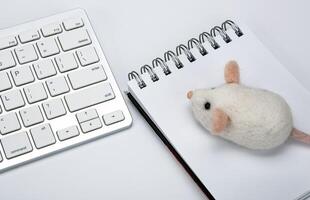Keyboard of a pc with a notebook and a mouse on a desktop photo