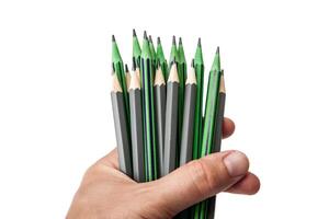many simple pencils with erasers with green skin in a row on a white table photo