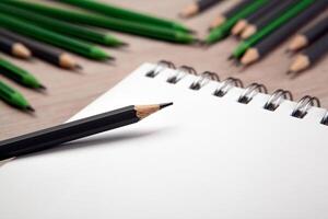 open notebook with the one simple pencil and the rest of the pencils on the background photo