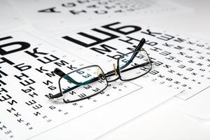 eyeglasses on the table with a font to determine of eyesight Russian version photo