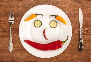 chili pepper and cucumber slices in the form of smile on a white plate with kitchenware photo