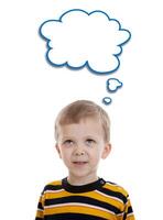 little boy standing in a striped T-shirt with a cloud photo